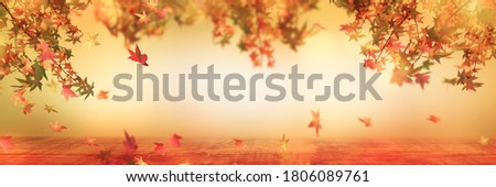 beautiful abstract autumn leaves background with wooden table in sunshine, fall leaf in idyllic autumnal scene with advertising space, oktoberfest beer garden background in nature