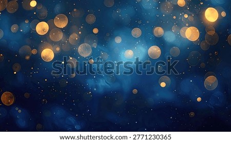 A beautiful abstract background featuring soft blue bokeh lights and shimmering golden sparkles, creating a magical and festive atmosphere.