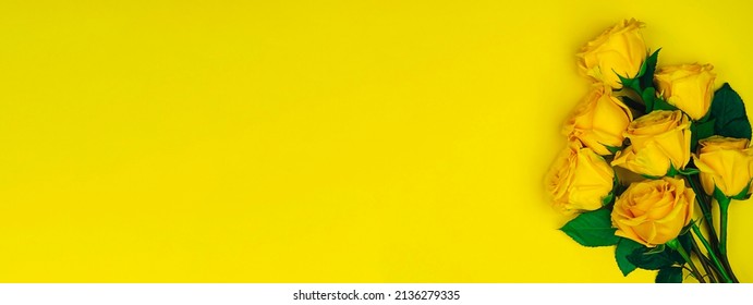 Beautiful abstract pattern with yellow roses on a yellow background. Nature background.  Nature background. Minimal floral card. Floral pattern.
