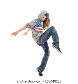 Beautiful Active Female Hip Hop Dancer In Hood Moving In Studio. Young Performer Dancing, Isolated Over White Background.  