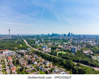 Beautiful Aerial 180 Panorama View On European Finance Center City Frankfurt Am Main Downtown Skyline In Spring.  Blue Sky, Clouds, Green Trees. Hesse, Germany
