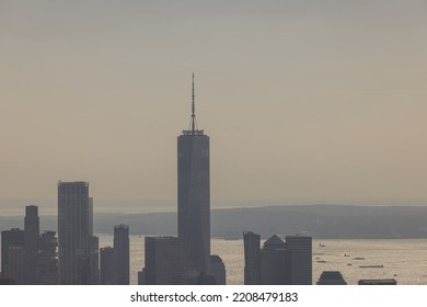 Beautiful Aerial Foggy View On Skyscapers Of Downtown Manhattan,  New York,  USA. 