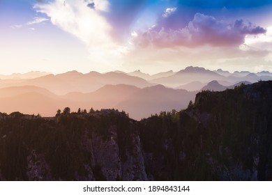 Beautiful aerial landscape view of Mountain Peaks near Vancouver, British Columbia, Canada. Colorful Cloudy Sunset Sky Art Render. - Powered by Shutterstock