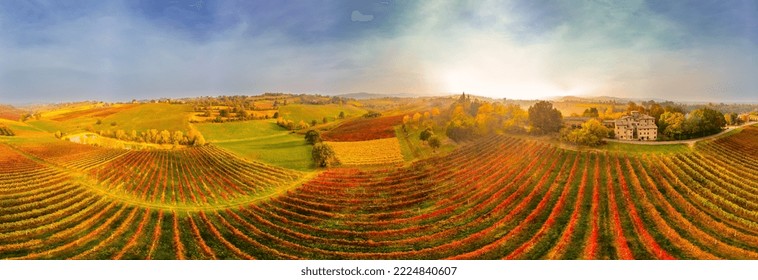  Beautiful aerial panoramic view autumn vineyard shot at sunset.Castelvetro, Modena province, Emilia Romagna, Italy.Lambrusco vineyards.Beautiful Italian Landscape - Shutterstock ID 2224840607