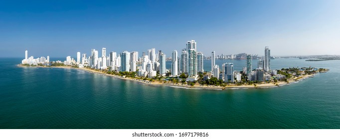Beautiful aerial panoramic view of the Bocagrande district island, Cartagena, Colombia