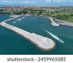 Beautiful aerial scenery of Sanur harbour with turquoise water in Bali, Indonesia