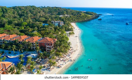Beautiful Aerial Shot Beach Resort in Roatan Bay Islands Honduras