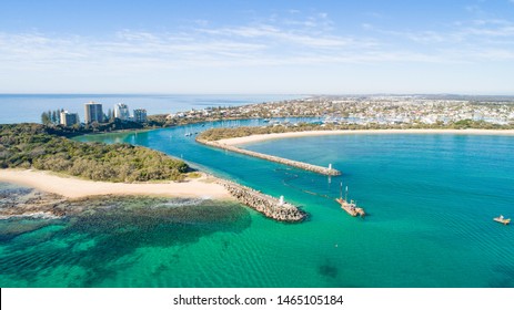 Beautiful aerial sunrise with beach, water, boats, shops and lovely holiday feel at Mooloolaba, Sunshine Coast, close to Brisbane in Queensland. Top view near Point Cartwright, river mouth and tourist - Shutterstock ID 1465105184