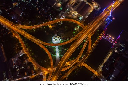 Beautiful Aerial Thailand Top View Expressway Road At Night Of Bangkok City, Shot From Drone, Motorway, Highway