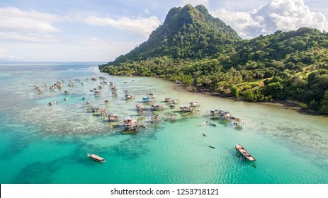 Beautiful Aerial View Borneo Sea Gypsy Water Village In Mabul Bodgaya Island, Malaysia.