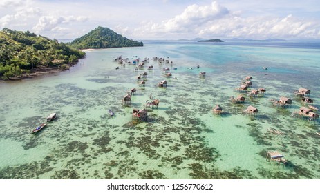 Beautiful Aerial View Borneo Sea Gypsy Water Village In Mabul Bodgaya Island, Malaysia.