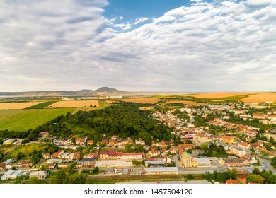 Beautiful Aerial view of city Hustopece.  Rural Hustopecsko region of fruit and wine growing. St Wenceslaus Church. Hustopece is town of Breclav District in South Moravian Region of Czech Republic.