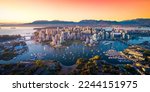 Beautiful aerial view of downtown Vancouver skyline, British Columbia, Canada at sunset