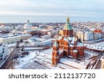 Beautiful aerial view of Helsinki city center with famous Uspenski Cathedral