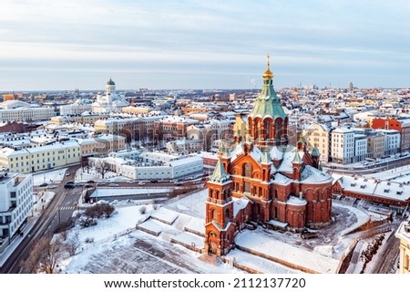 Beautiful aerial view of Helsinki city center with famous Uspenski Cathedral
