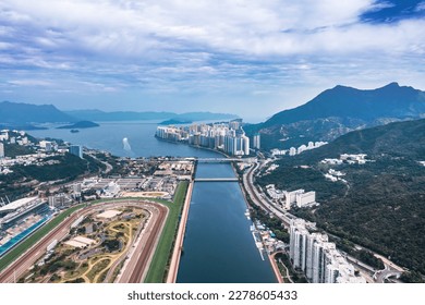 beautiful aerial view of the Horse racing courses, Shing Mun River and Ma On Shin area, Hong Kong