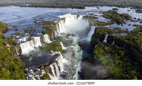 Beautiful aerial view of the Iguassu Falls from a helicopter, one of the Seven Natural Wonders of the World. Foz do Iguaçu, Paraná, Brazil