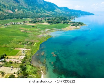 The Beautiful Aerial View Of Lake Toba. A Very Famous Tourism Spot, Lake Toba Was Formed By Super Volcano Eruption Thousands Of Years Ago.