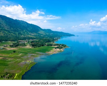 The Beautiful Aerial View Of Lake Toba. A Very Famous Tourism Spot, Lake Toba Was Formed By Super Volcano Eruption Thousands Of Years Ago.