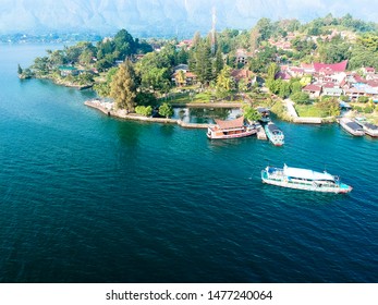 The Beautiful Aerial View Of Lake Toba. A Very Famous Tourism Spot, Lake Toba Was Formed By Super Volcano Eruption Thousands Of Years Ago.