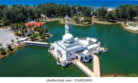 A Beautiful Aerial View Of Masjid Tengku Tengah Zaharah Or Locally Known As Floating Mosque, Masjid Terapung, located at Terengganu, Malaysia
