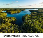 Beautiful aerial view of Moletai region, famous or its lakes. Scenic summer evening landscape, Moletai, Lithuania