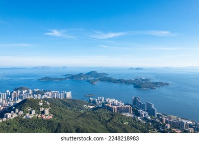 Beautiful aerial view of Mountains, Lamma Island and Aberdeen of Hong Kong, in a clear summer day.