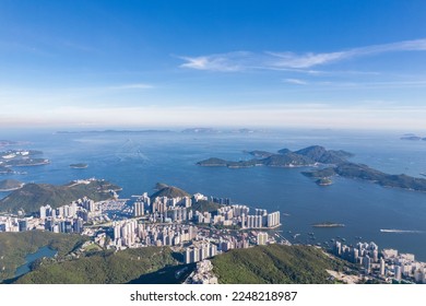Beautiful aerial view of Mountains, Lamma Island and Aberdeen of Hong Kong, in a clear summer day.