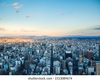 Beautiful aerial view of Nagoya center city in Japan country with tall buildings and blue sky twilight time.
