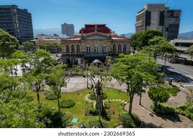Beautiful aerial view of the National Theater of Costa Rica and Plaza de la Cultura