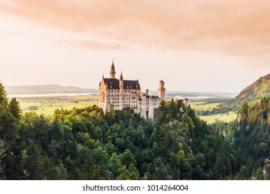 Beautiful aerial view of Neuschwanstein castle in summer season. Palace situated in Bavaria, Germany. Neuschwanstein castle one of the most popular palace and travel destination in Europe and world.