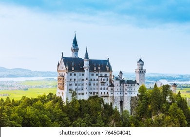 Beautiful aerial view of Neuschwanstein castle in summer season. Palace situated in Bavaria, Germany. Neuschwanstein castle one of the most popular palace and travel destination in Europe and world.