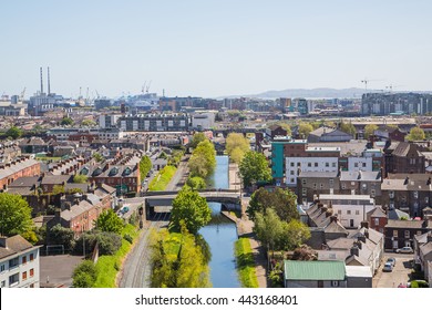 Beautiful Aerial View On Dublin, Capital Of Ireland With Canals And Narrow Streets.