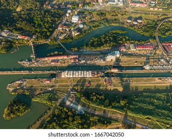 Beautiful Aerial View Of The Panama Channel Miraflores Locks At The Sunset