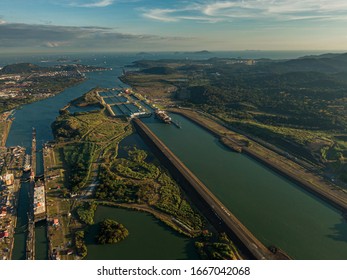 Beautiful Aerial View Of The Panama Channel Miraflores Locks At The Sunset