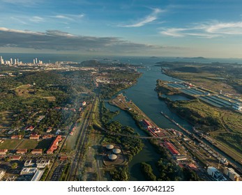 Beautiful Aerial View Of The Panama Channel Miraflores Locks At The Sunset