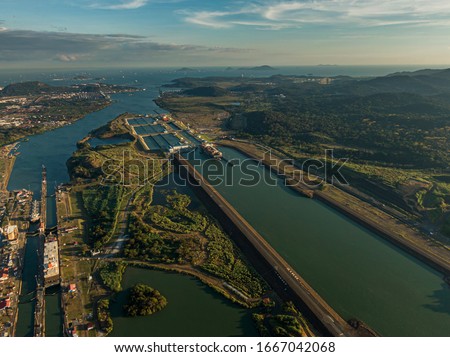 Beautiful aerial view of the Panama Channel Miraflores Locks at the Sunset