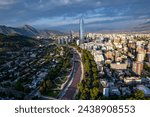 Beautiful aerial view of the Plaza de Armas, Metropolitan Cathedral of Santiago de Chile, National History Museum of Chile, Mopocho river t and the city of Santiago de  Chile