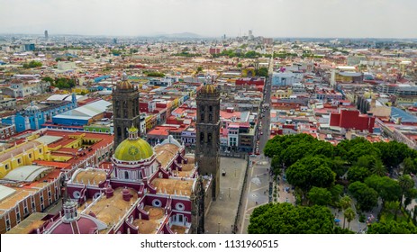 Beautiful Aerial View Of Puebla Mexico And Its Church