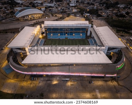 Beautiful aerial view to soccer stadium Arena Pantanal building in the city of Cuiabá, capital of Mato Grosso State, Brazil