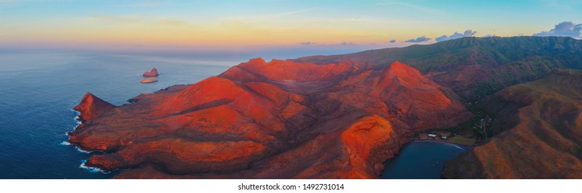 Beautiful Aerial View Of The South West Coast Of The Island Of UA HUKA To The Marquesas Islands By Rising Sun