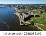 Beautiful aerial view of the St Augustine, the oldest town in USA. the castle of San Marcos National Monument, Flagler College and the Matanzas Bay