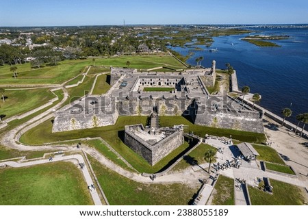 Beautiful aerial view of the St Augustine, the oldest town in USA. the castle of San Marcos National Monument, Flagler College and the Matanzas Bay