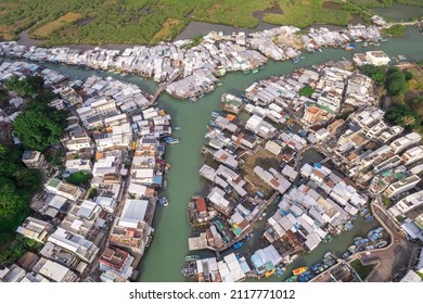 Beautiful Aerial View Of The Tai O, Old Fishing Village In Lantau Island, Hong Kong. Daytime In Autumn.