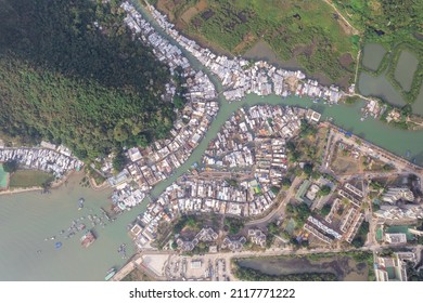 Beautiful Aerial View Of The Tai O, Old Fishing Village In Lantau Island, Hong Kong. Daytime In Autumn.