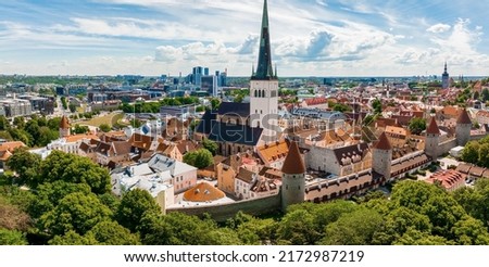 Beautiful aerial view of Tallinn old town. Medieval city in Northen Europe. The capital of Estonia.  Beautiful Tallinn on a summer day.