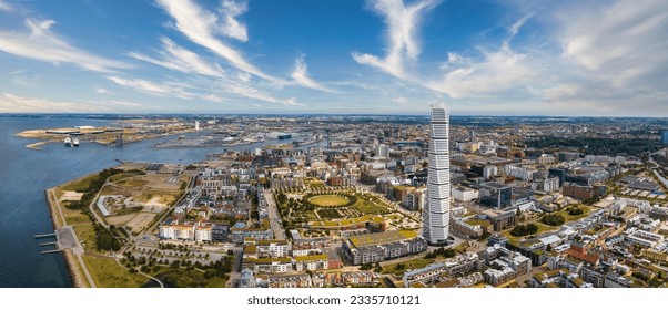 Beautiful aerial view of the Vastra Hamnen- The Western Harbour -district in Malmo, Sweden. Panoramic aerialview.