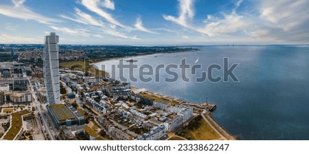 Beautiful aerial view of the Vastra Hamnen- The Western Harbour -district in Malmo, Sweden. Panoramic aerialview.