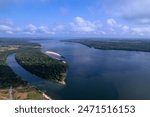 Beautiful aerial view of Xingu River near Belo Monte hydro power plant lake in Amazon rainforest in Altamira city, Para, Brazil. Concept of environment, ecology, nature, energy, electricity.	