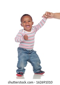 Beautiful African American Baby Learning To Walk Isolated On A White Background